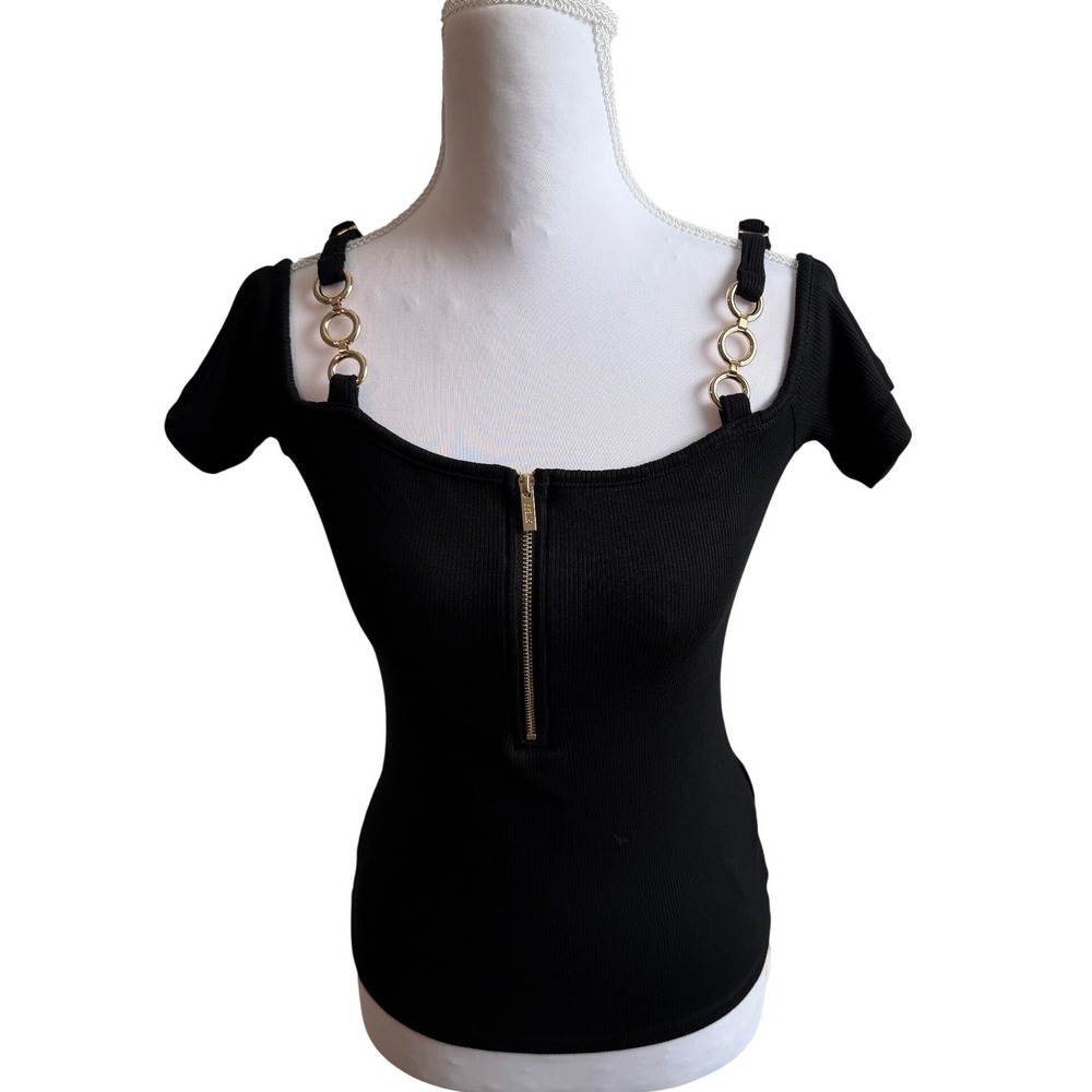 NWT Guess Marisol Top Jet Black Ribbed Cold Shoulder Zip Front Gold O-Ring Small